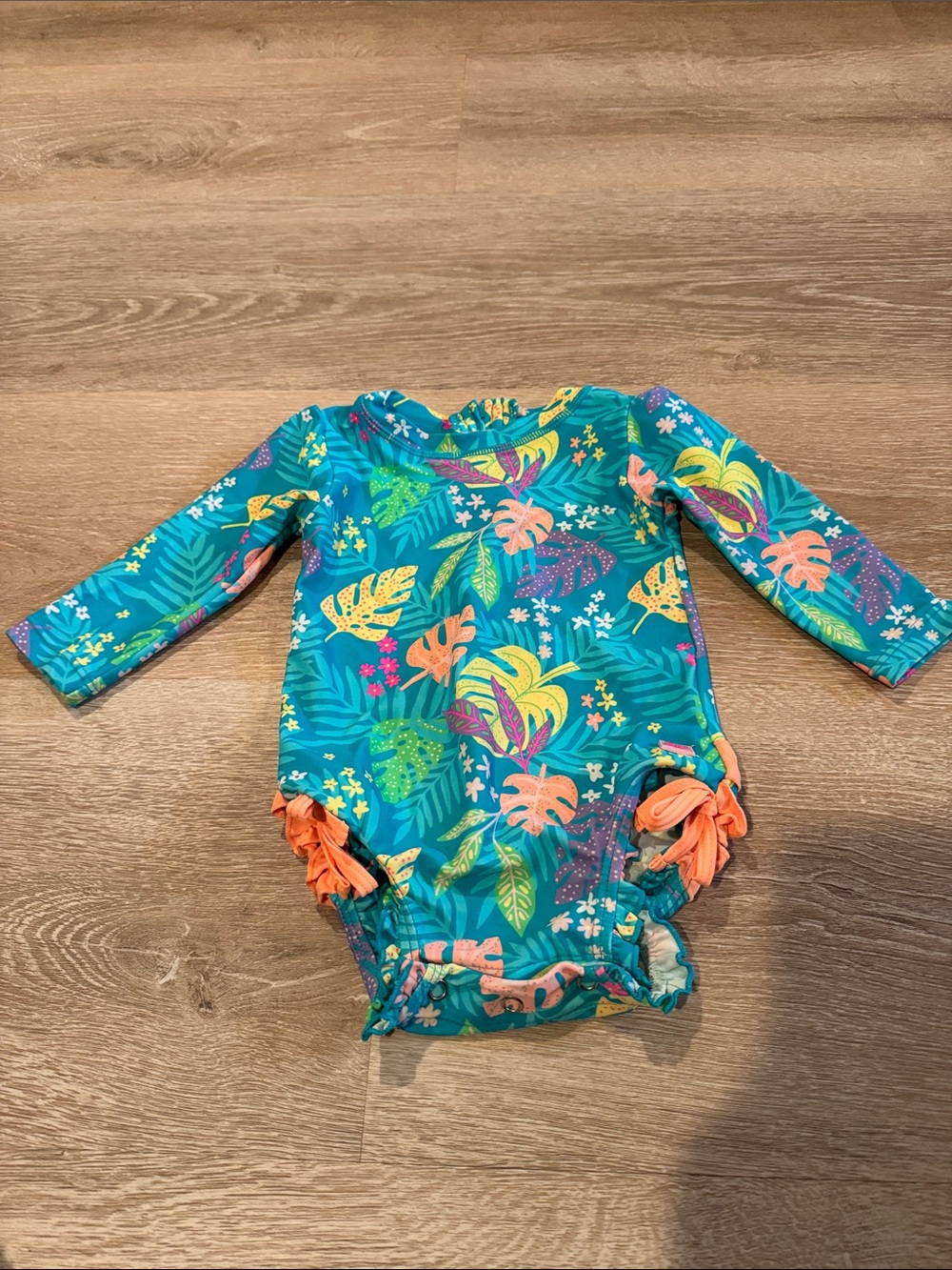 Ruffle Butts Toddler Tropical Long Sleeve One-Piece Swimsuit - Teal & Orange